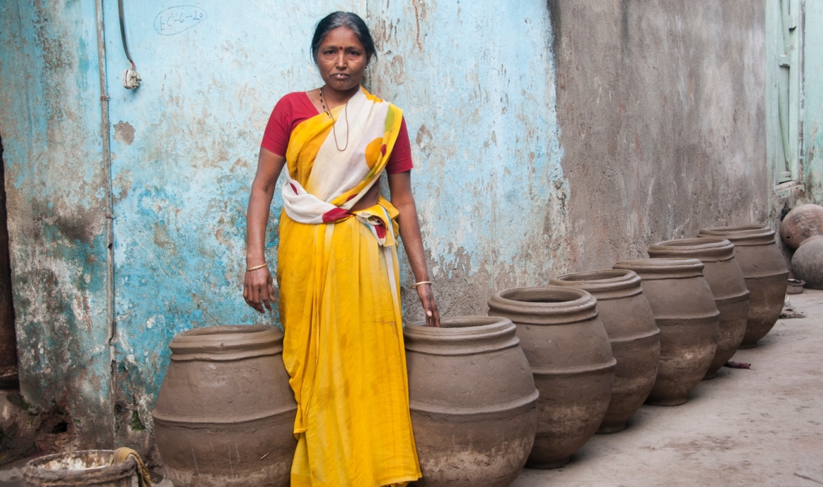 Potter making clay pots at the village of India.